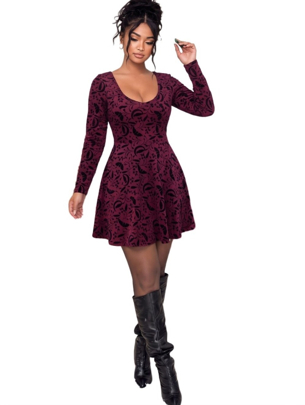 MODCLOTH x COLLECTIF Women's Retro Burgundy Pleated Witchy Bat Mini Dress 12 - Picture 2 of 10